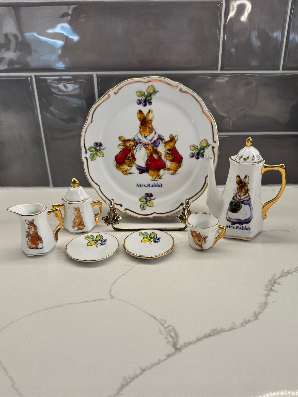 Vintage Mrs. Rabbit Miniature Porcelain Tea Set